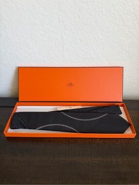 HERMÈS Black Leather and Wool Tie with Contrast Stitching